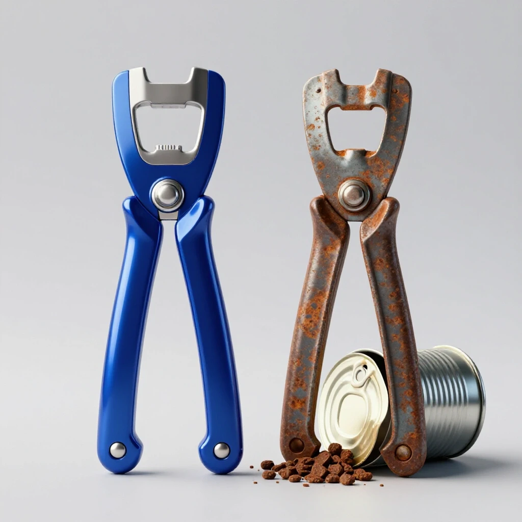 A split-screen image showing a shiny new can opener beside a worn-out, broken can opener with a spilled can, highlighting durability differences.