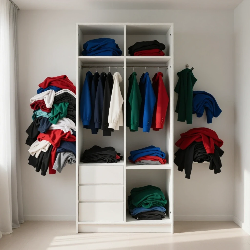 A minimalist bedroom scene showcasing a curated open wardrobe with chaotic clothes on one side and organization on the other in soft morning light.