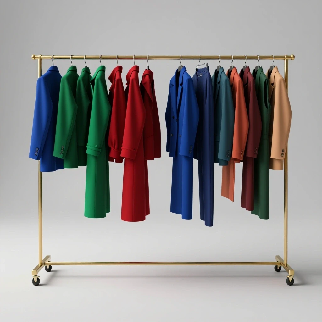 A visually striking capsule wardrobe display split between high-end fashion and budget-friendly options on a chic rack.