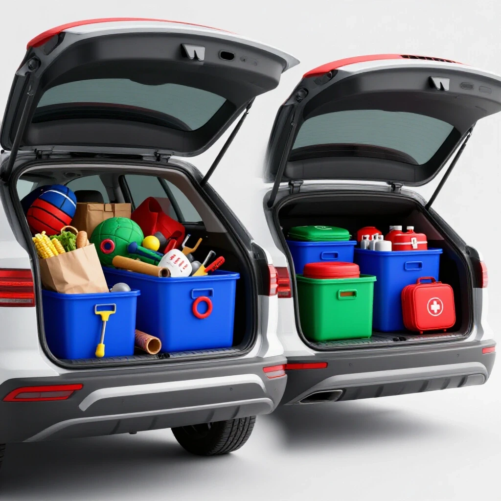 A car trunk split in two: one side chaotic with items spilling out and the other side organized with neatly arranged storage bins.