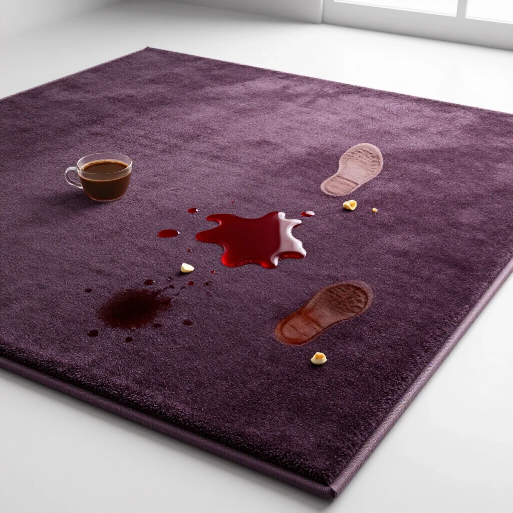 A vibrant carpet showcasing a red wine spill, surrounded by faded symbols of common stains, illuminated in clean studio light.