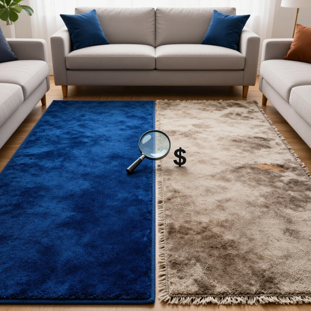 A living room showcasing a pristine blue carpet contrasted with a frayed carpet, emphasizing hidden replacement costs.