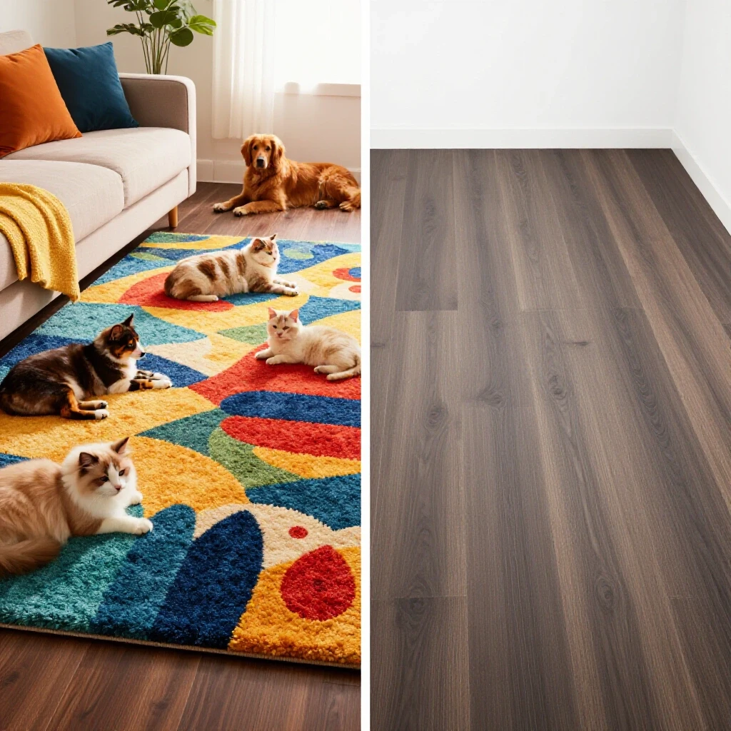 A vibrant living room split image featuring a plush carpet with pets on one side and a sleek hardwood floor on the other side.