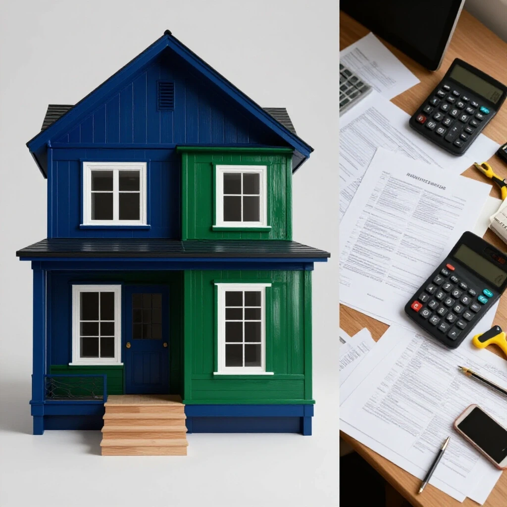 A split image showing a completed home project on one side and a cluttered workspace with financial documents on the other.