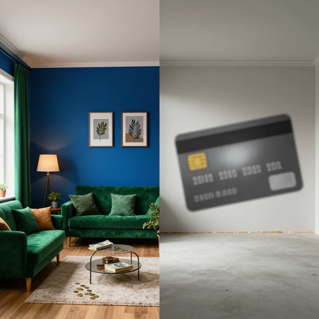 A vibrant room with cash elements on one side contrasts an unfinished space with a looming credit card shadow, highlighting funding choices for renovation.