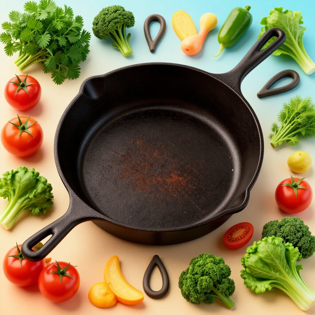 A beautifully seasoned cast iron pan surrounded by vibrant herbs and vegetables, showcasing culinary excellence.