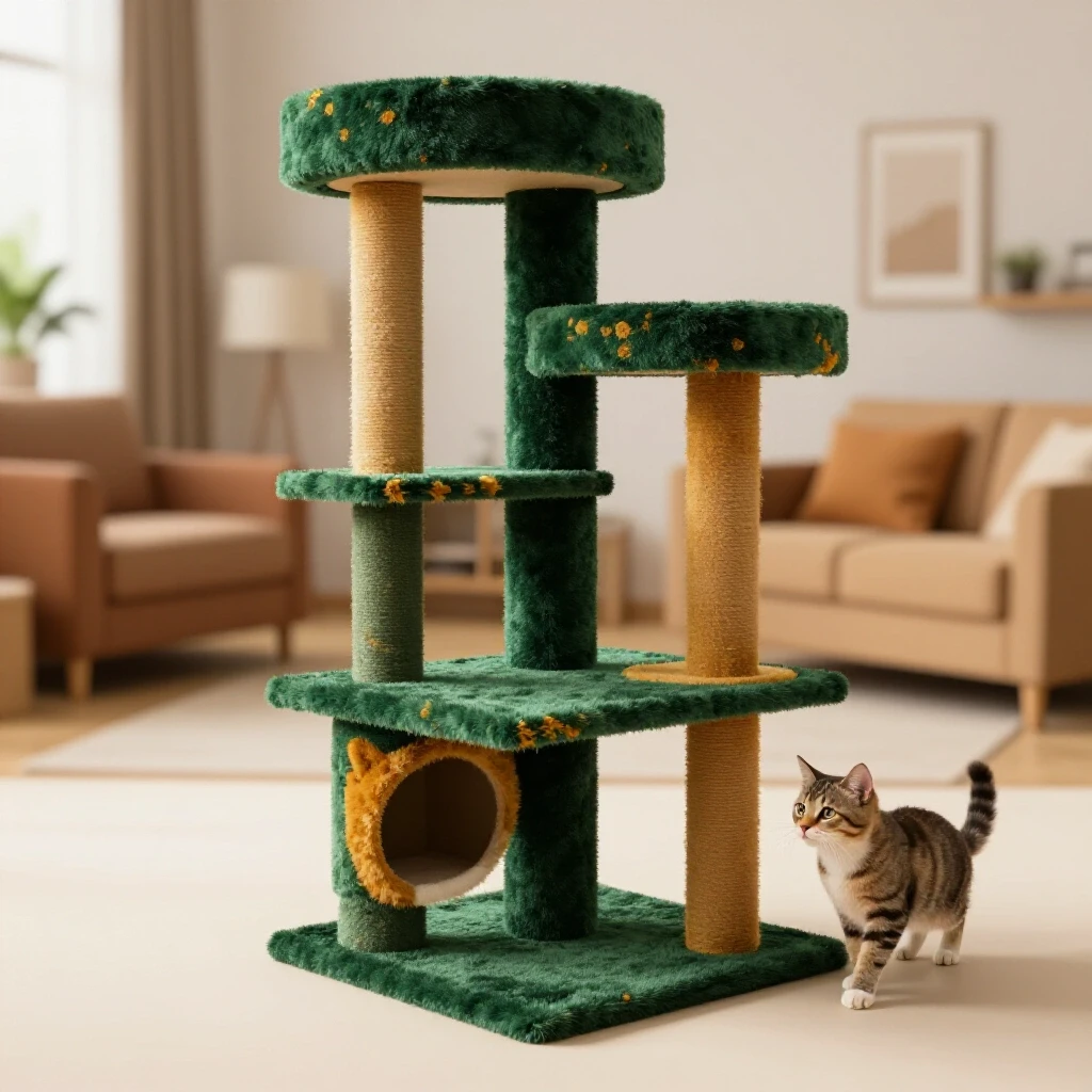 A vibrant multi-tiered cat tree with a playful cat in a cozy living space, showcasing real-life usage and durability.