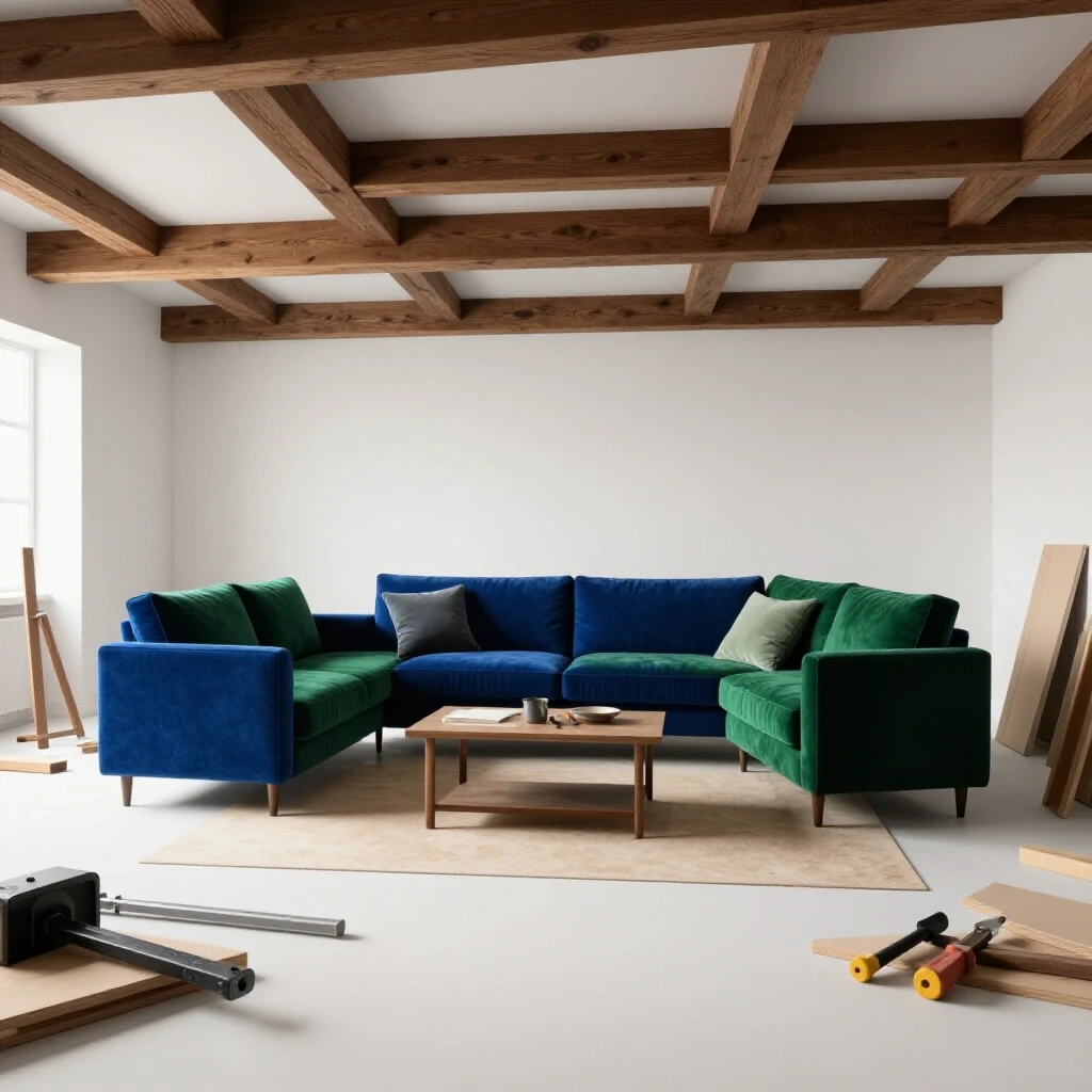 A beautifully staged living room with exposed ceiling beams and DIY installation tools scattered around, highlighting the transformation challenge.