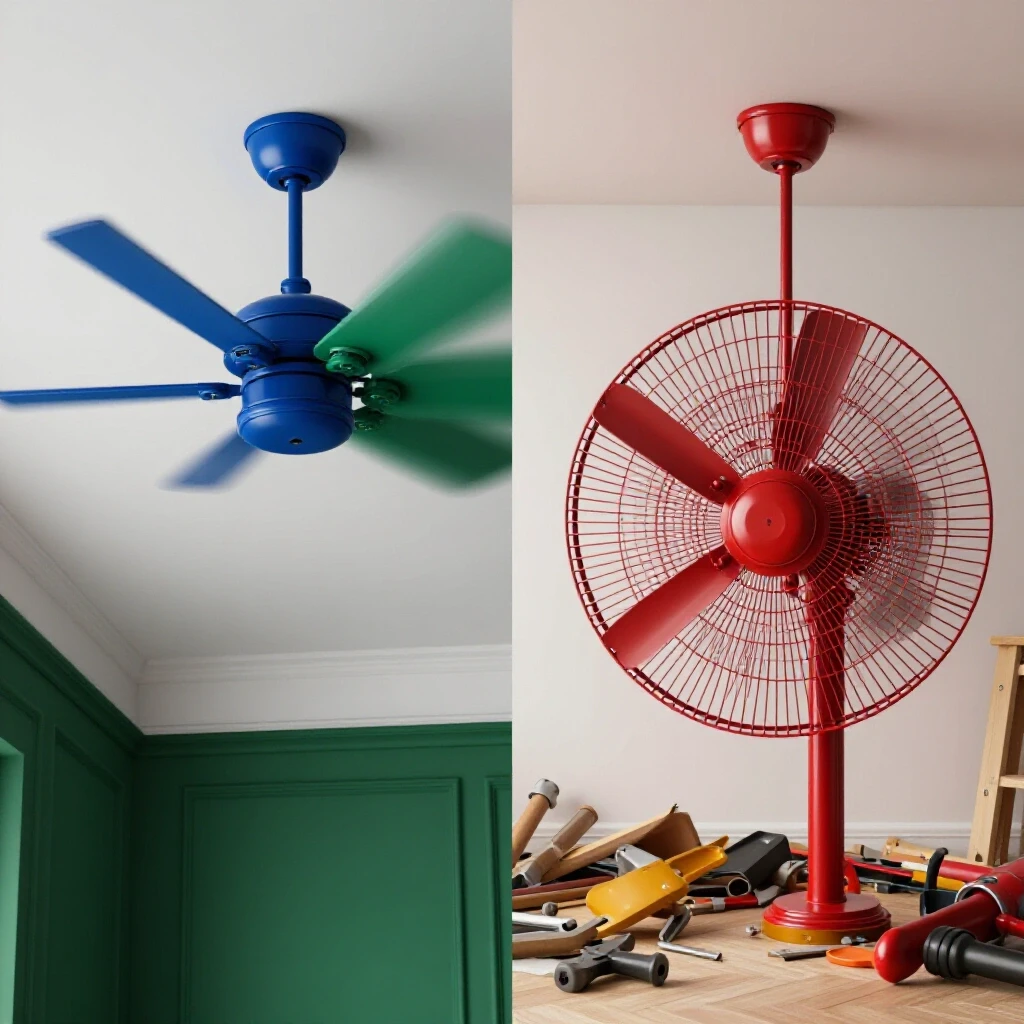 A split scene showcasing a stylishly installed ceiling fan and a chaotic DIY setup with tools.