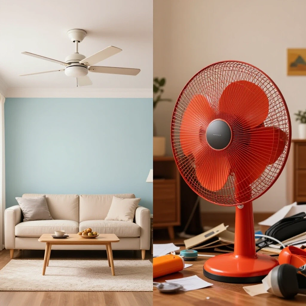 A split-image showing a serene living room with a quiet ceiling fan and a chaotic space with a noisy fan, contrasting colors evoke emotions.