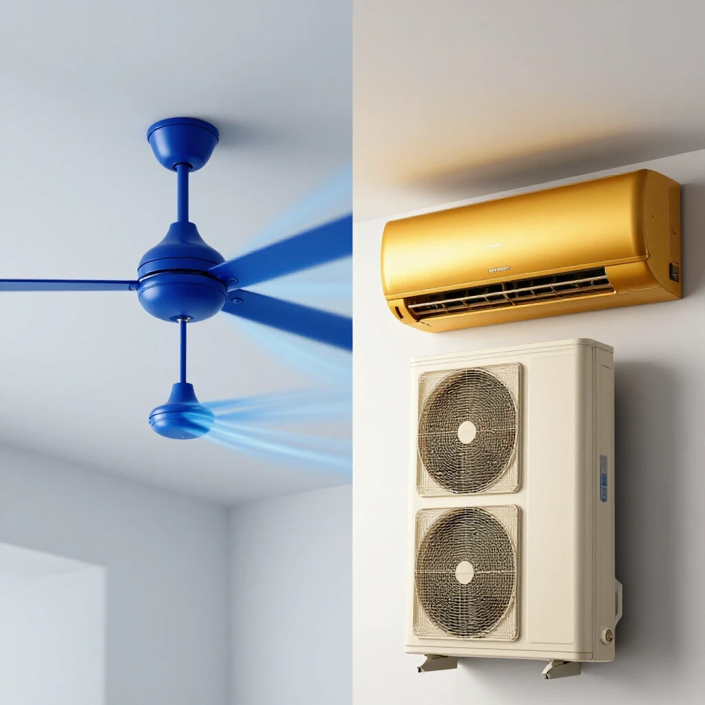 A comparative image showcasing a modern ceiling fan and an energy-efficient air conditioner, highlighting cooling efficiency and design.