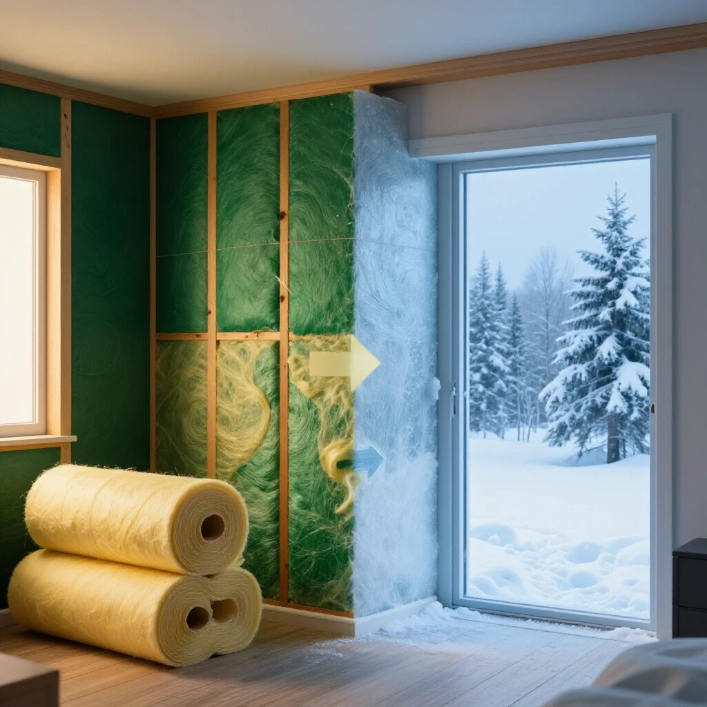 A split scene showing a warm, insulated room contrasted with a cold outdoor environment, emphasizing comfort and energy efficiency.