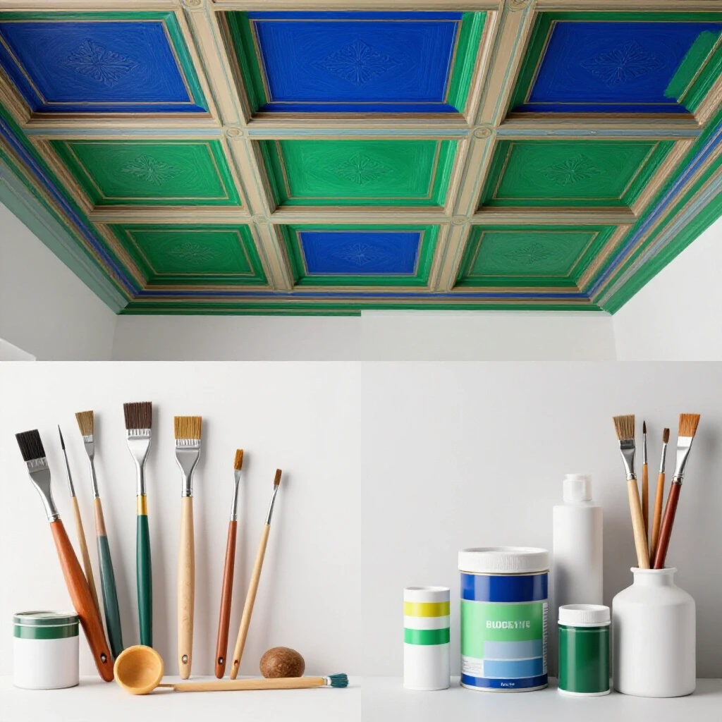 Split view of a painted ceiling in rich colors alongside organized array of painting tools and materials.