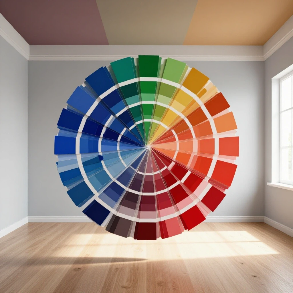 Colorful ceiling paint swatches arranged in a vibrant array against a bright studio background.