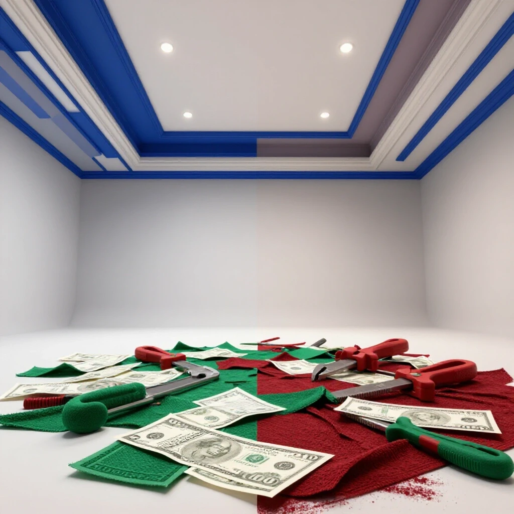 A split composition image showing a restored ceiling on one side and scattered tools and bills on the other, illustrating hidden costs.