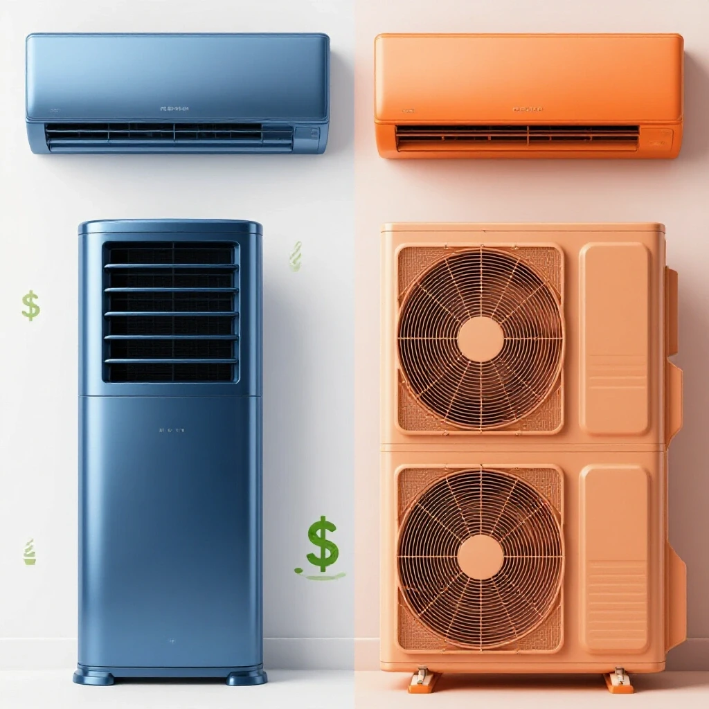 A comparison of a modern mini-split air conditioner and a bulky traditional central air unit, illustrating energy savings.