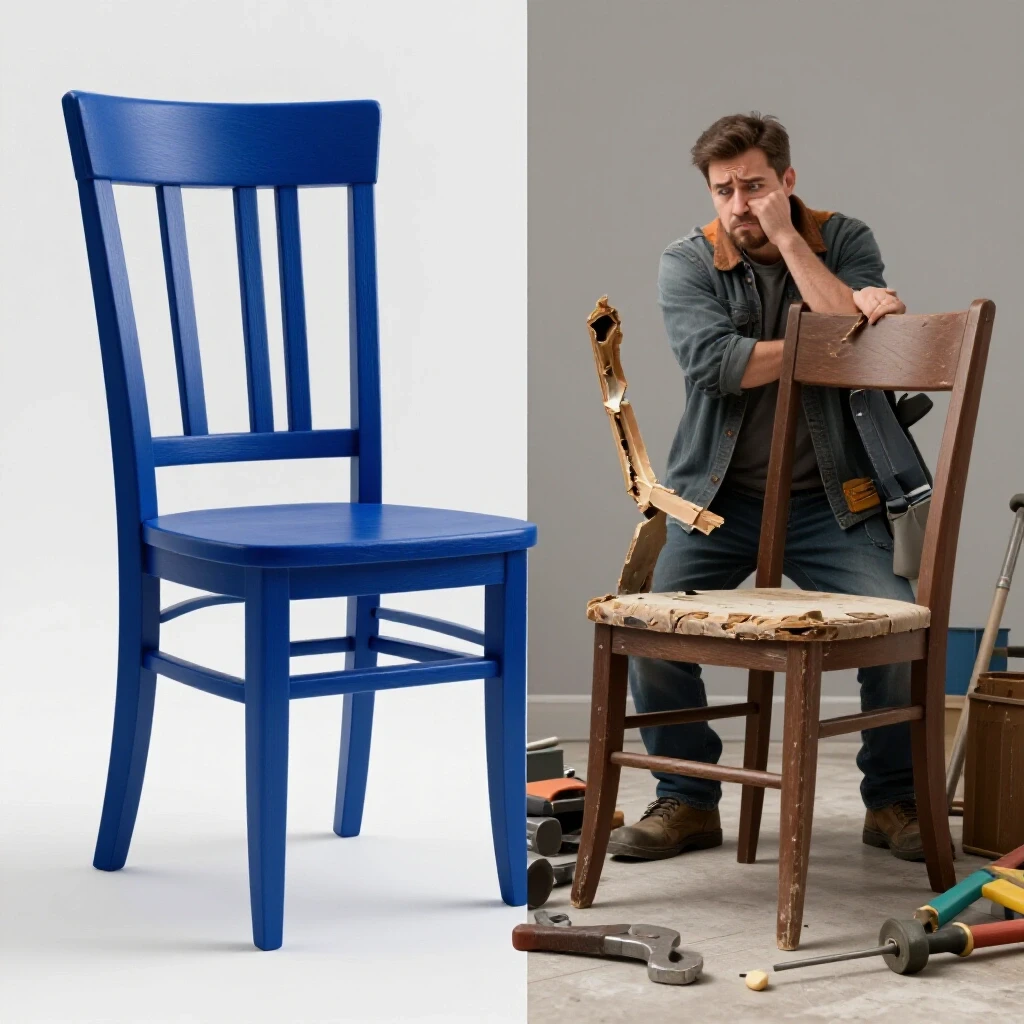 A split composition featuring a premium chair in royal blue and a broken chair with tools, showcasing furniture durability options.