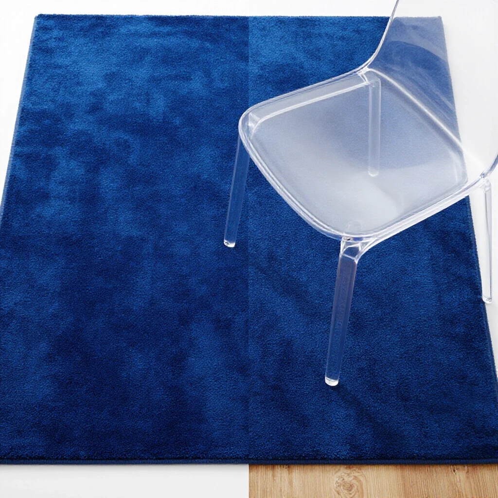 Visual comparison of a vibrant royal blue rug and a transparent chair mat showcasing floor protection qualities under a bright studio environment.