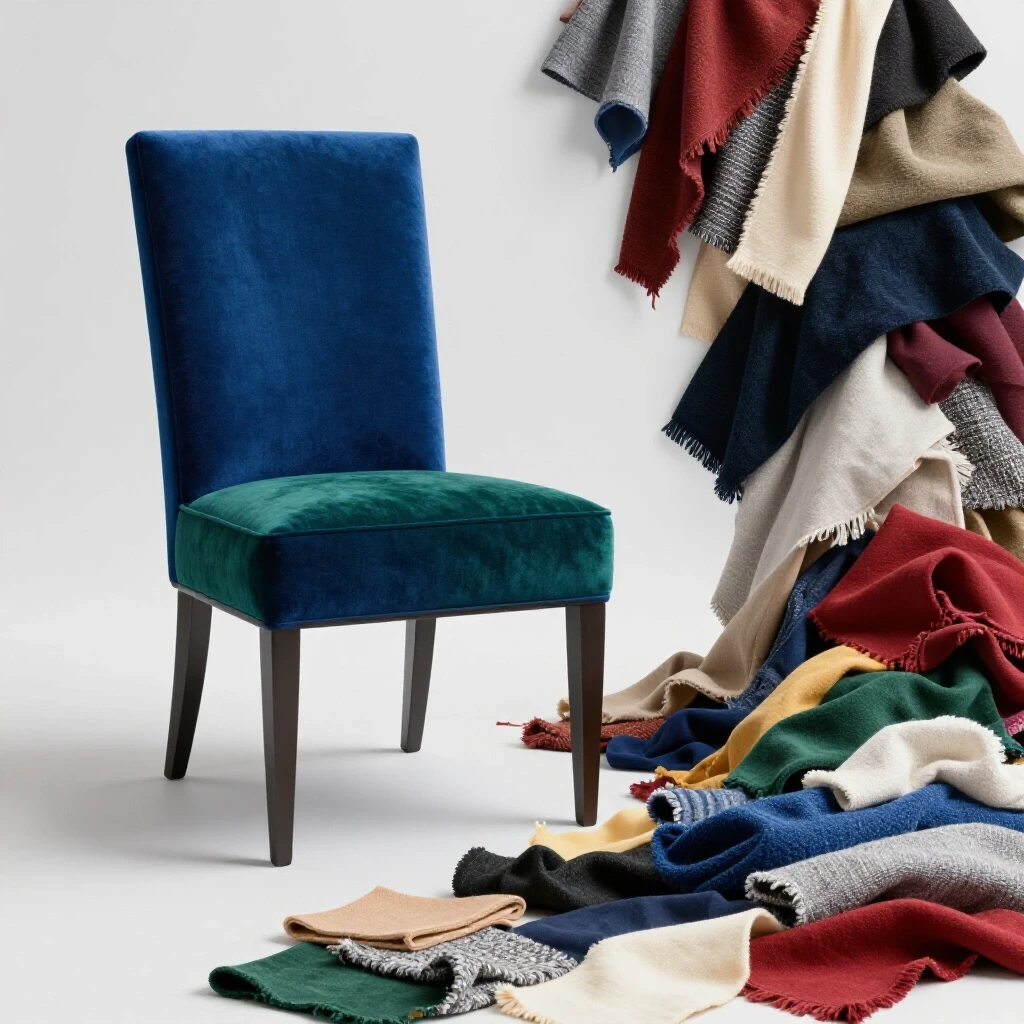 A stunning reupholstered chair contrasted with a mess of costly mismatched fabrics, illustrating budget dilemmas in furniture projects.