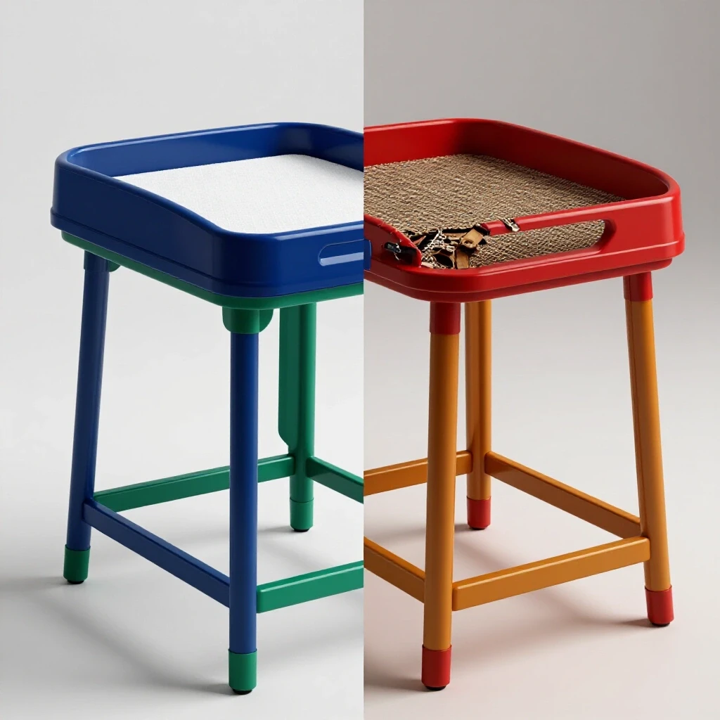A split image of two changing tables: one modern and durable, the other flimsy and cluttered, emphasizing furniture longevity.