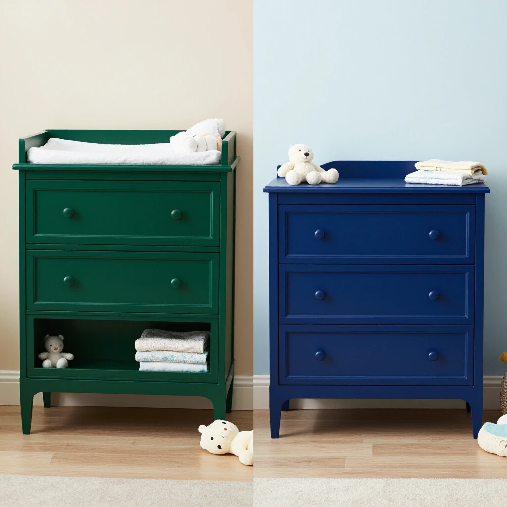 A vibrant split image showing a richly colored changing table alongside a deep blue dresser, set against a light pastel background with baby items subtly arranged.