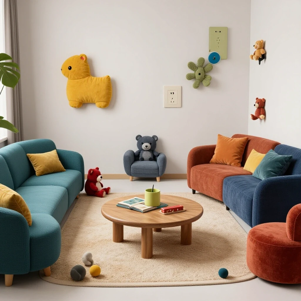 Cozy living room scene illustrating child-friendly decor on one side and safety hazards on the other with contrasting colors.