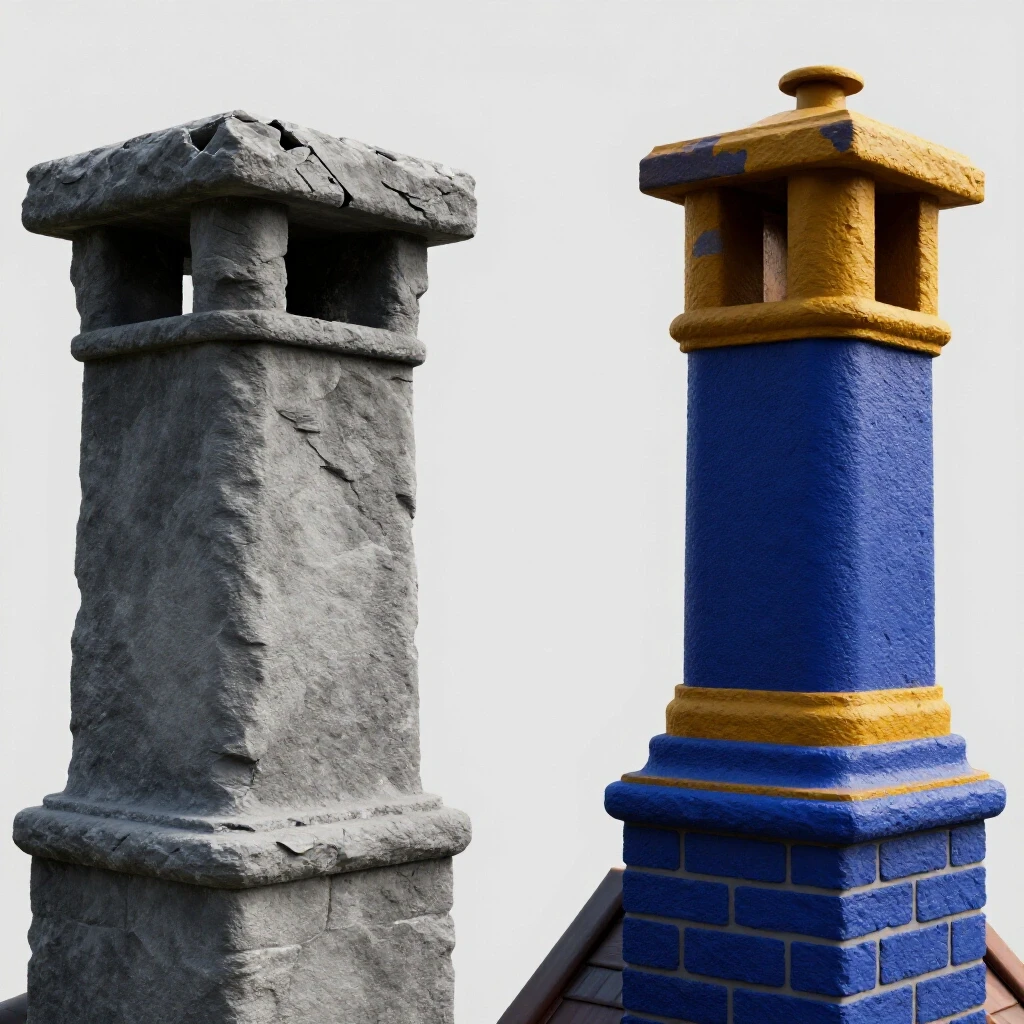 A visually striking image showing a crumbling chimney on the left and a vibrant, restored chimney on the right, highlighting home improvement.