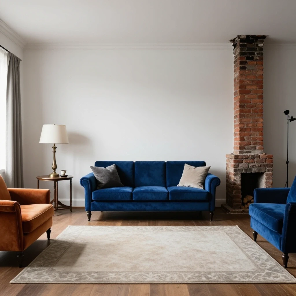 A split-image showing a renovated living room with an elegant sofa and a disheveled chimney; warm colors on one side, cool on the other.