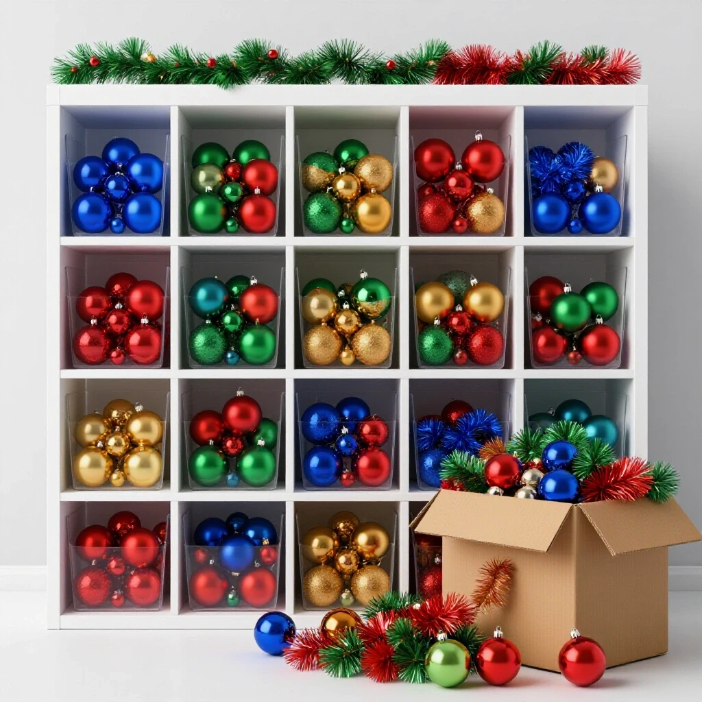 Visually organized Christmas storage with vivid decorations in bins beside chaotic holiday items spilling from a box.