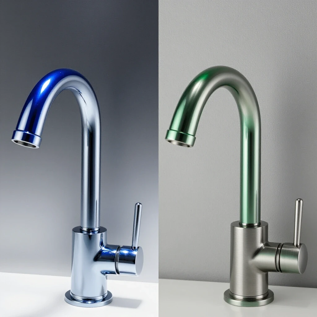 A split image featuring shiny chrome and brushed nickel faucets against contrasting textured backgrounds, highlighting their differences.