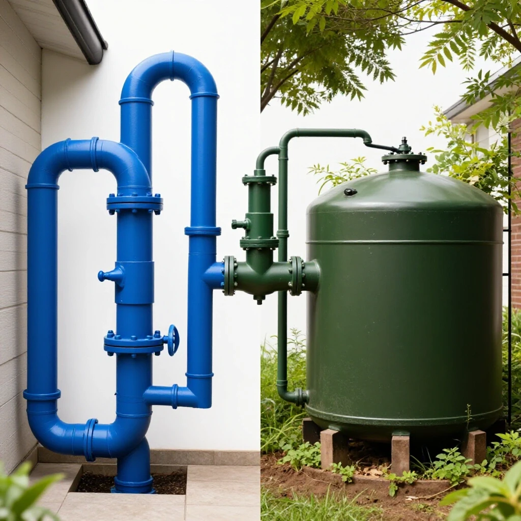 A visual comparison of a vibrant city sewer system and a rustic septic tank, highlighting their differences.