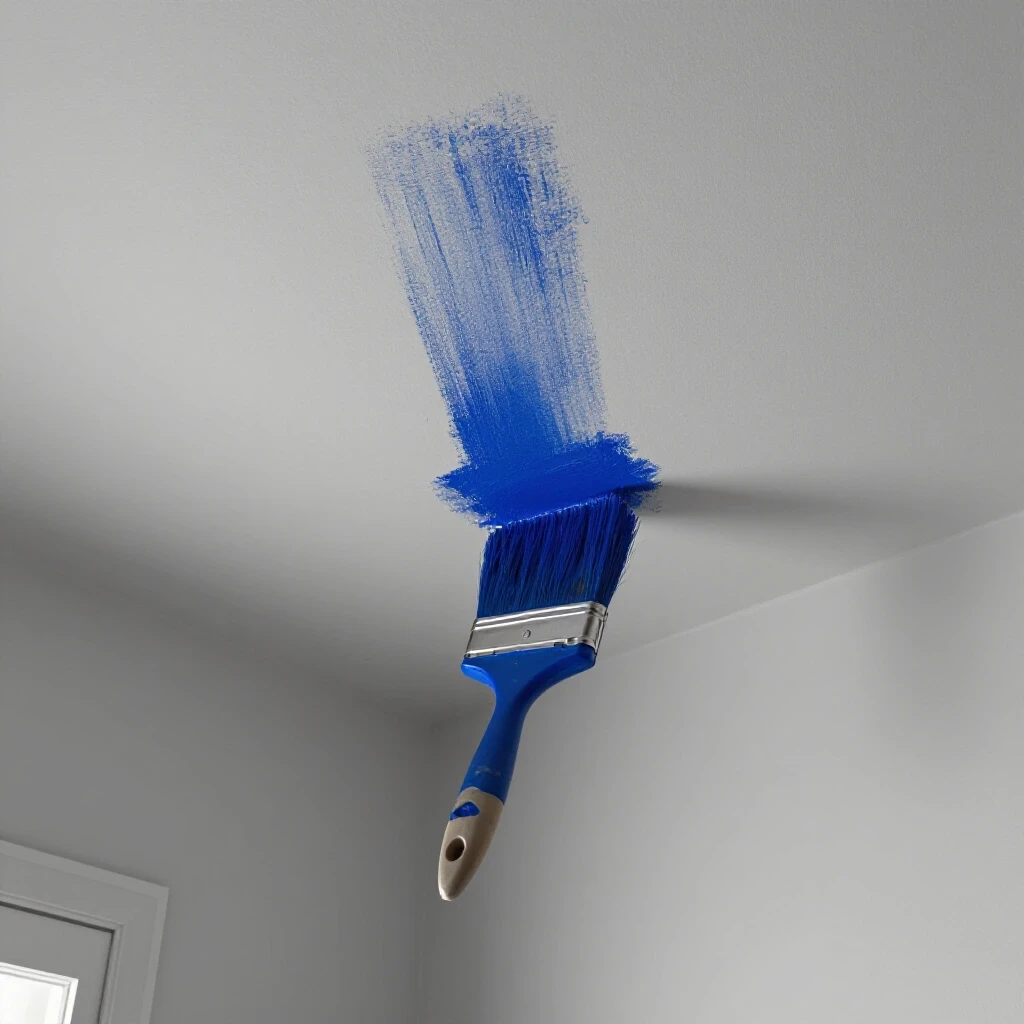 Close-up of a bedroom ceiling corner being painted with deep royal blue color, brush in motion.