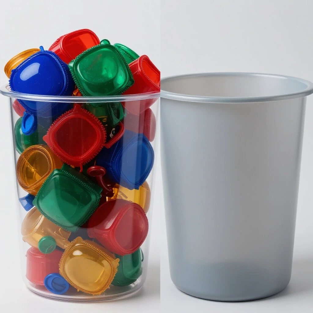 A split-image featuring a clear bin with organized colorful items alongside an opaque bin with a chaotic interior, highlighting home organization differences.
