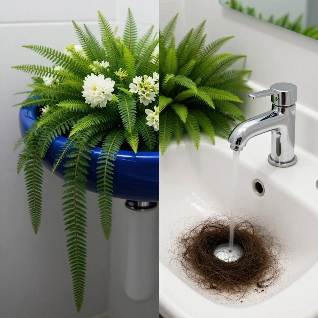 A split image of a beautiful bathroom sink with flowers and a cluttered sink with hair, symbolizing transformation.