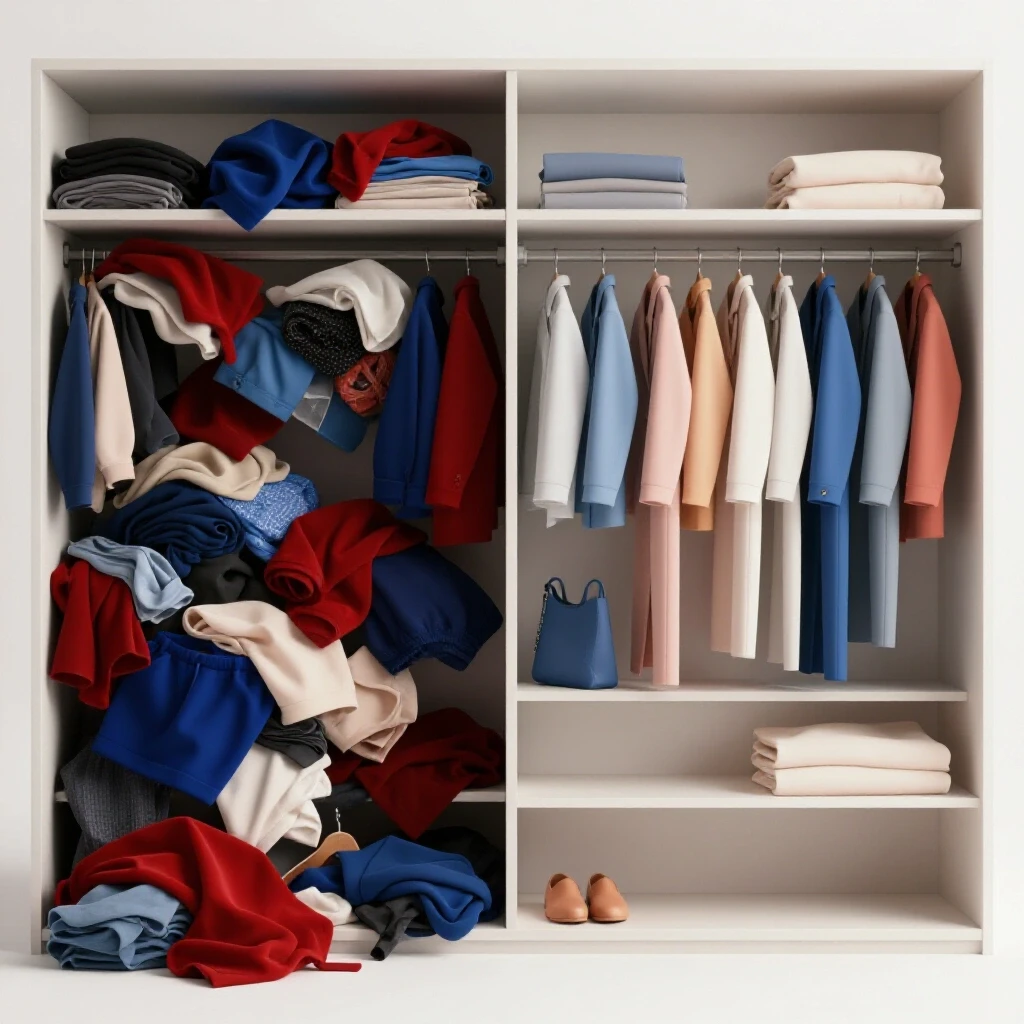 A split scene showing a chaotic closet overflowing with clothes on one side and a neatly organized capsule wardrobe on the other, highlighting decluttering.