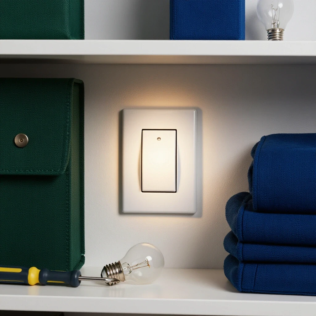 A close-up view of a well-designed closet interior featuring a glowing light switch, screwdriver, and lightbulb.