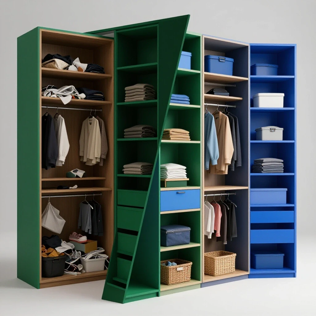 A before and after visual comparison of a closet remodel, showcasing an organized modern closet and a cluttered old design.