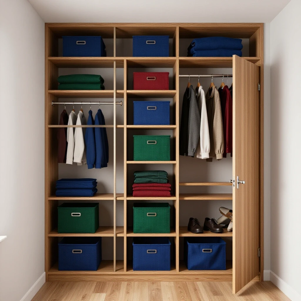 A well-organized closet system displaying sleek shelves and vibrant storage bins, with a glimpse of chaos outside the door.