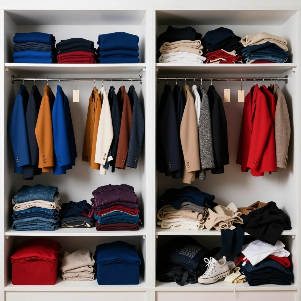 Split image showing a beautifully organized closet on the left and a cluttered closet on the right, emphasizing DIY transformation.
