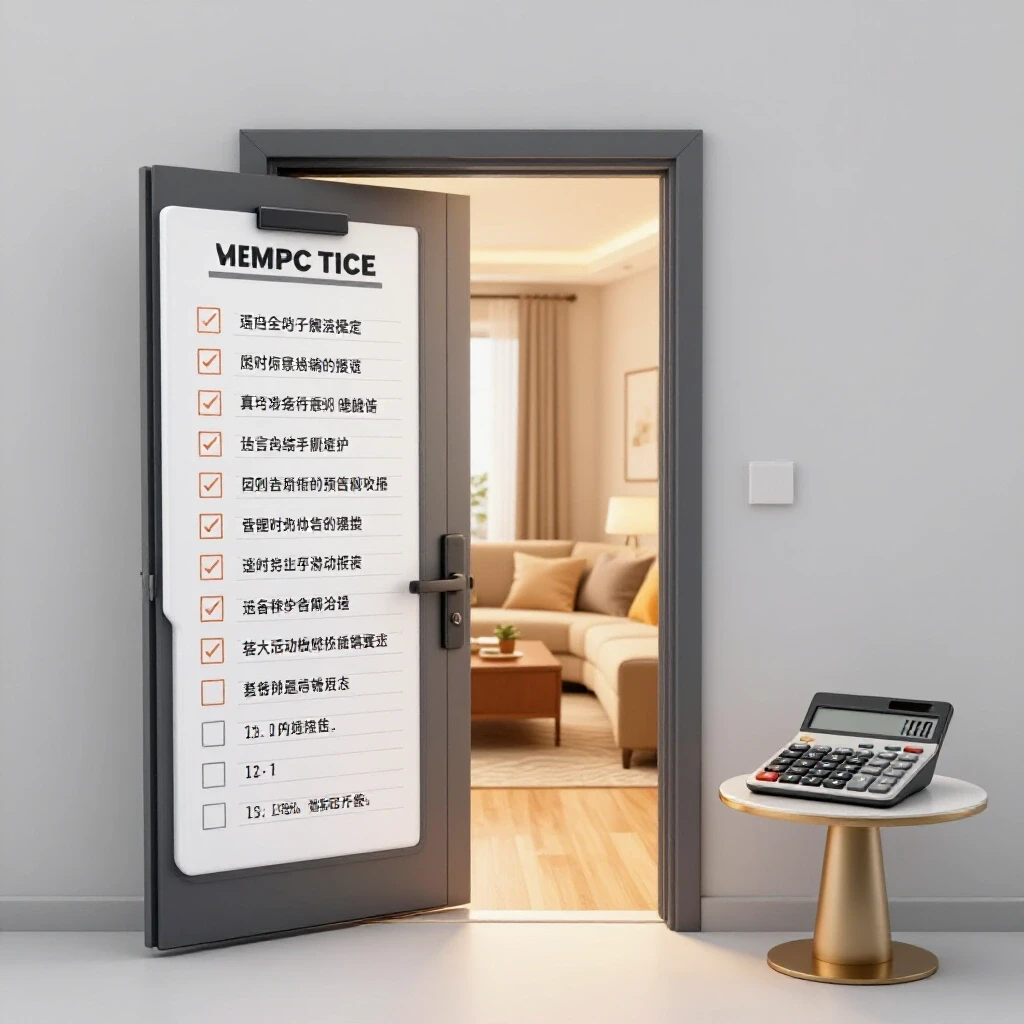 A welcoming front door slightly ajar, revealing a beautifully decorated living room with a checklist and calculator nearby, symbolizing homebuying planning.