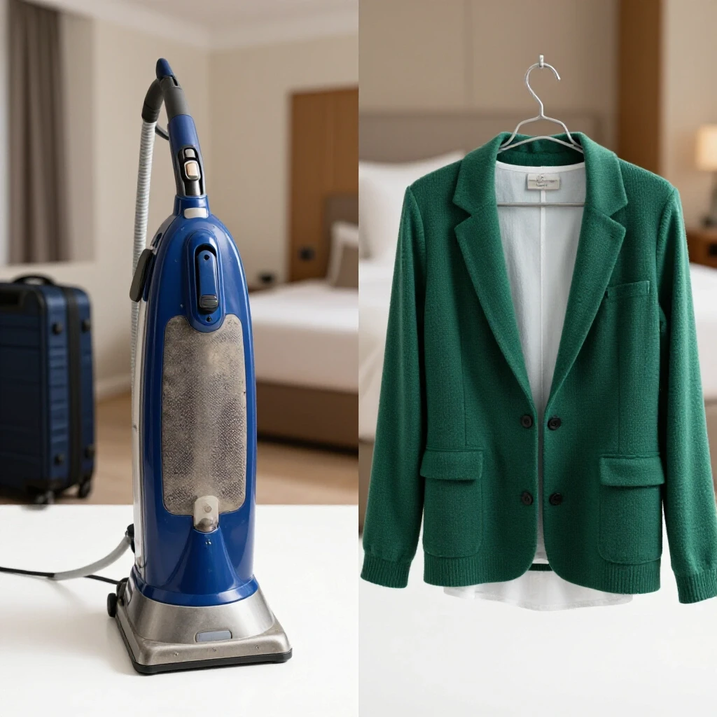 A split-image showing a worn clothes steamer on one side and a freshly steamed garment on the other, with a suitcase backdrop.