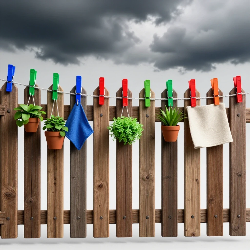 A weathered wooden fence with vibrant clothespins holding outdoor items against dark clouds, symbolizing durability.
