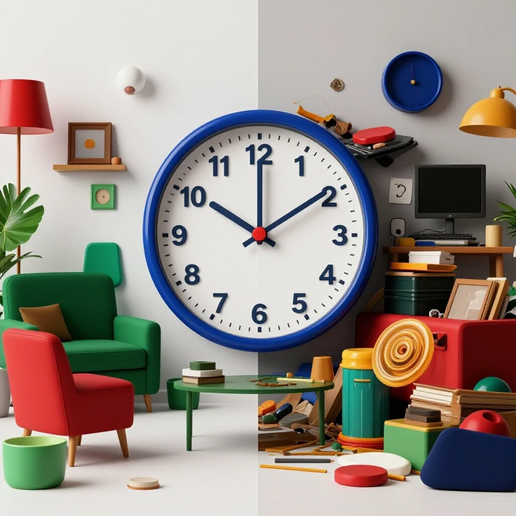 A striking visual contrasting an organized space and a cluttered area, featuring a timer to symbolize routine.