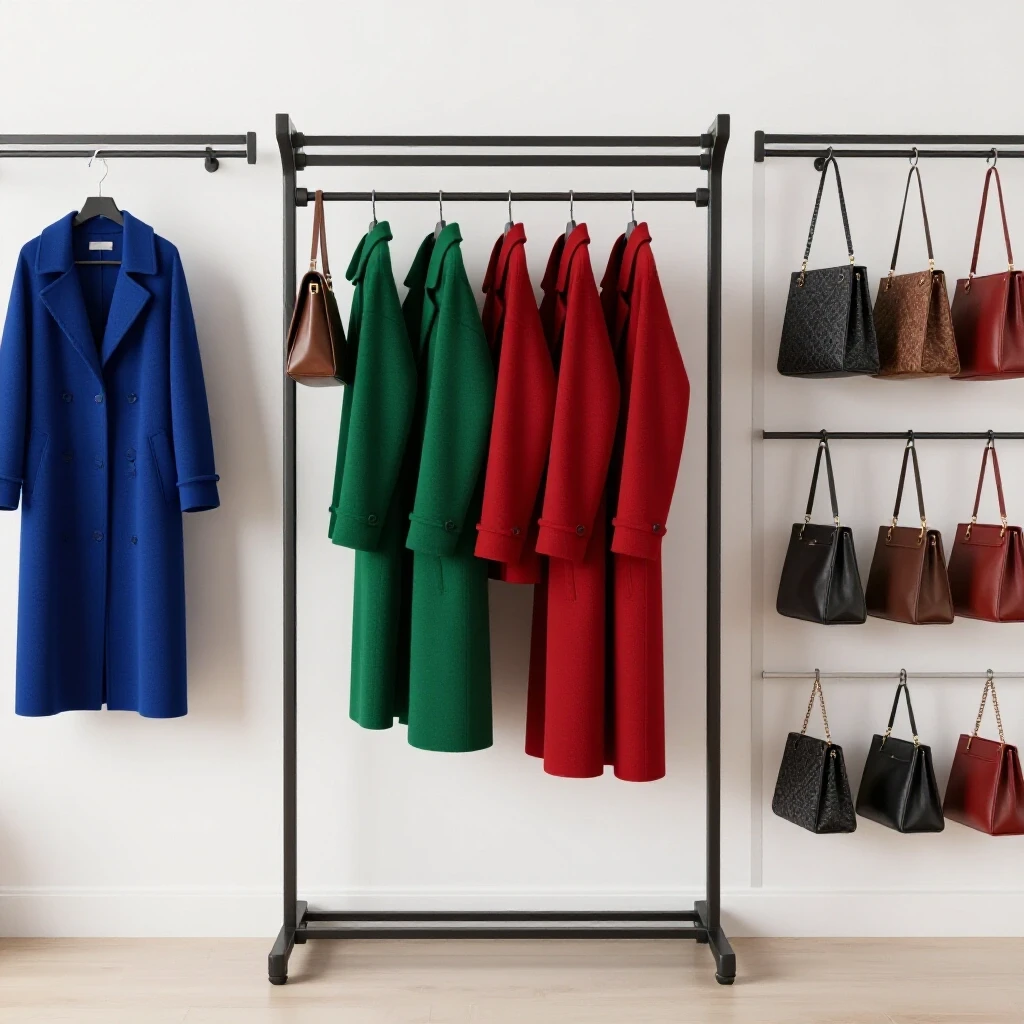 A stylish coat rack in a bright entryway displaying various coats and bags, showcasing stability and weight capacity.