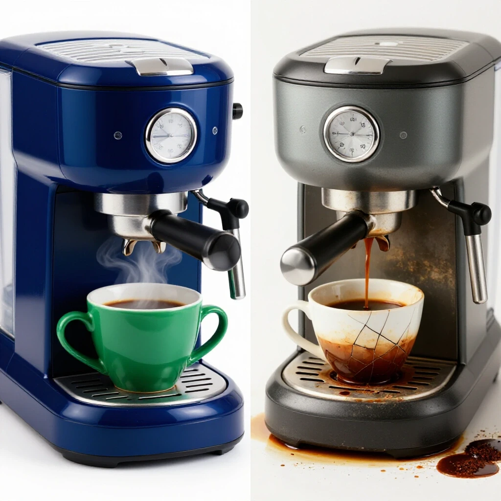 A vivid comparison between a new and used coffee maker showcasing durability, with bright colors and clean backgrounds.
