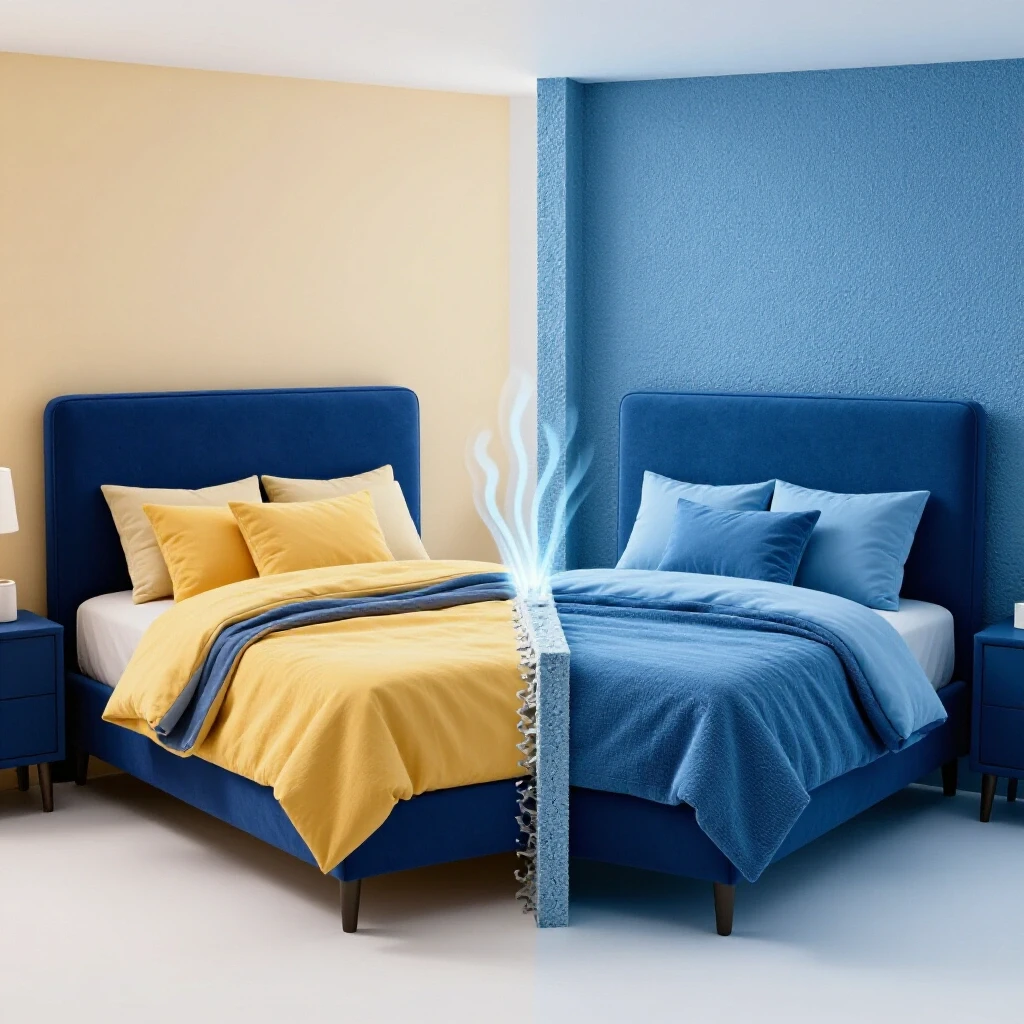 A visual comparison of a cozy warm bedroom and a cold bedroom, illustrating insulation and air leaks.