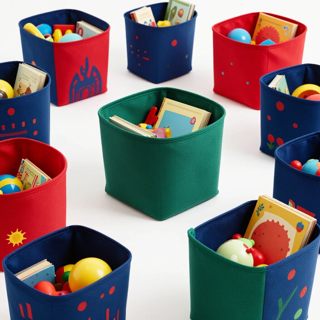 Color-coded storage bins filled with toys in a vibrant playroom setting, bright and colorful background.