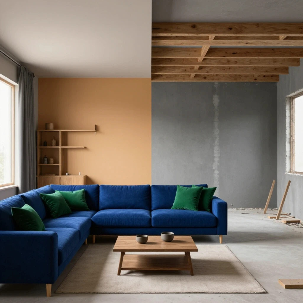 A striking visual split between a cozy living room decorated in inviting colors and an unfinished renovation site showing stark contrasts.