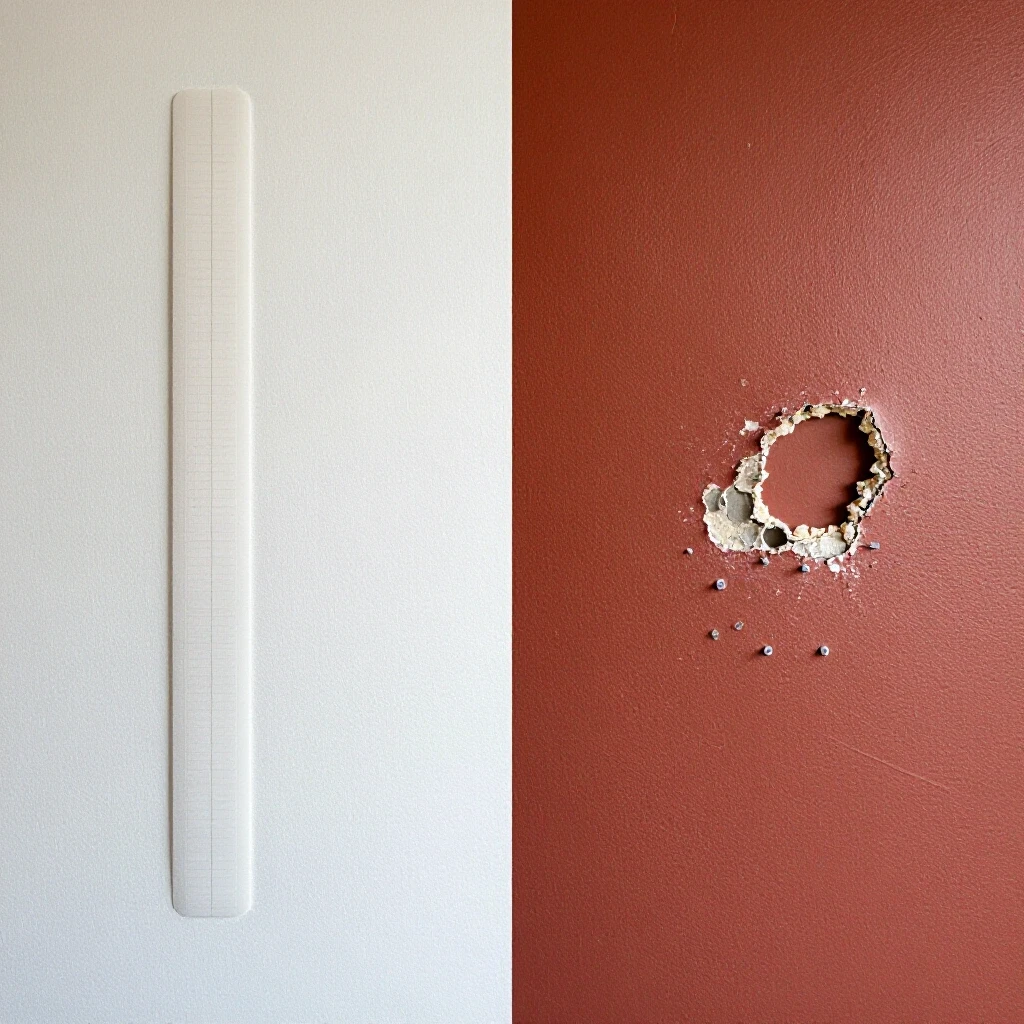 Visual comparison of a pristine wall with command strips and a damaged wall with nail holes, highlighting wall protection options.