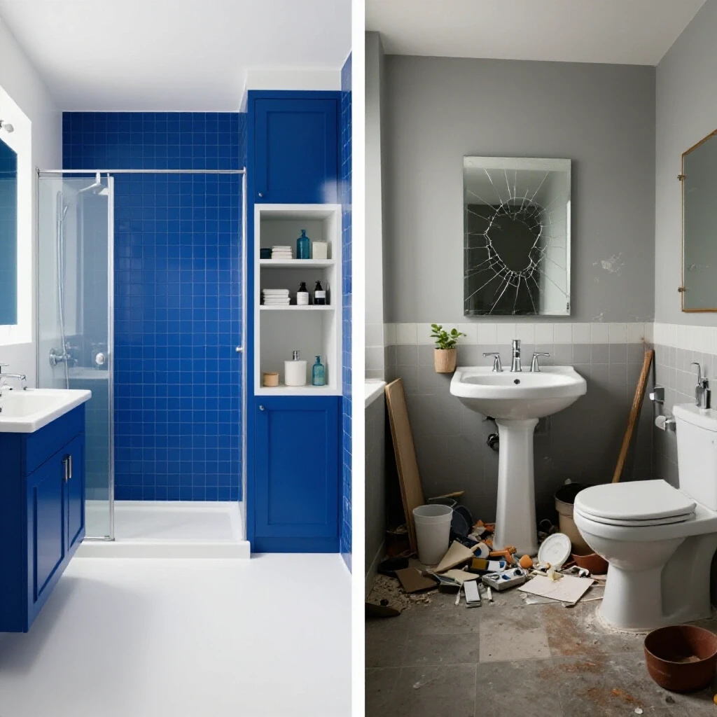 A split-image showcasing the stark contrast between a beautifully renovated bathroom and a cluttered, poorly designed bathroom.